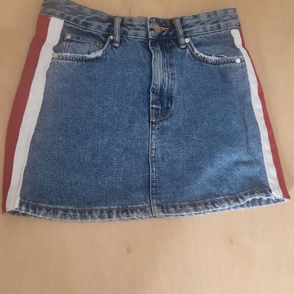 Zara authentic denim by TRF distressed mini skirt with stripes women's size S - Picture 1 of 4